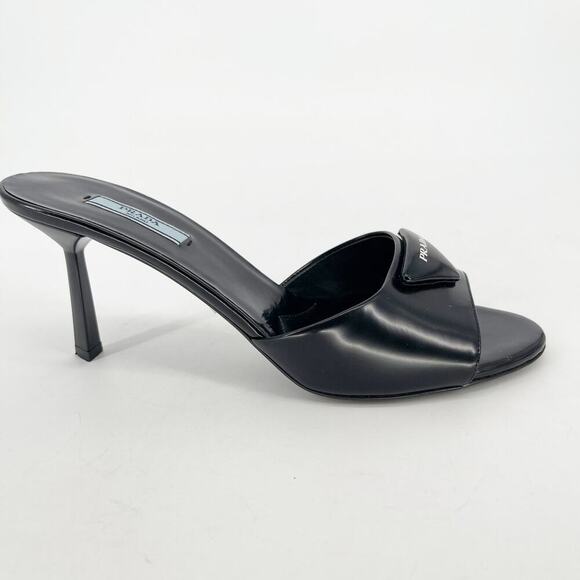 Prada Black Brushed Leather Padded Logo 75mm Open Toe Sandal Mule size IT 40 - Picture 2 of 12